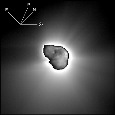 composite image of Tempel 1 with nucleus inset and the dust coma surrounding it