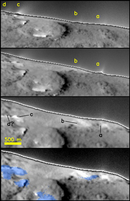 multipanel showing location of small surface jets near the limb of Tempel 1