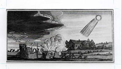 Woodcut showing destructive influence of a fourth century comet from Stanilaus Lubienietski's <i>Theatrum Cometicum</i> (Amsterdam, 1668) (scan of original and caption from Don Yeomans' Comets: A Chronological History of Observation, Science, Myth and Folklore. Used with permission.)