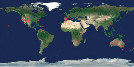 world map showing location of collaborating ground-based (professional) observers